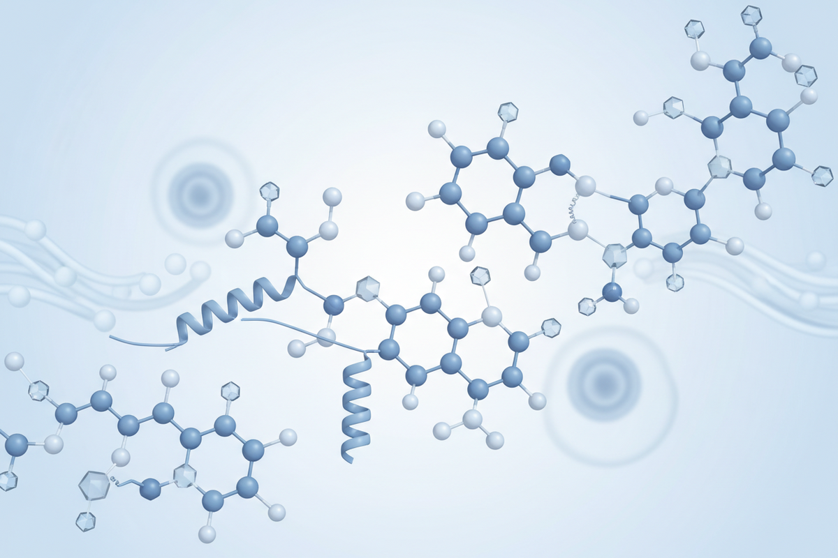 Stylized blue molecular illustration of peptide-like structures representing scalp-active ingredients