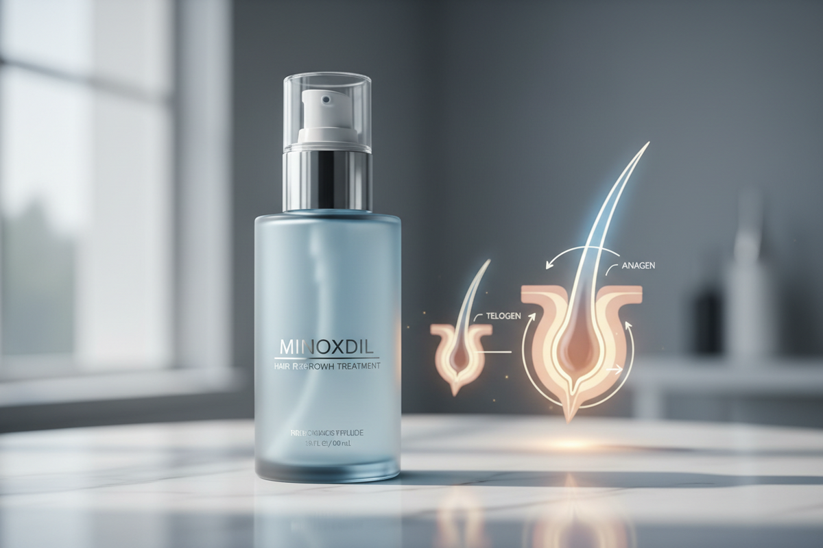 Front view of Minoxidil bottle labeled MINOXIDIL beside glowing hair-follicle diagrams on a blurred clinical background