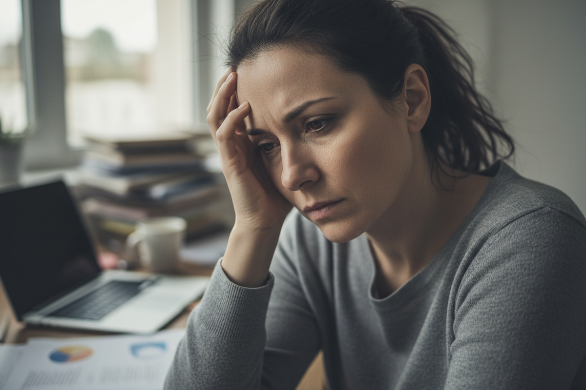 Woman with dark ponytail in gray sweater looking stressed at a desk with laptop and papers