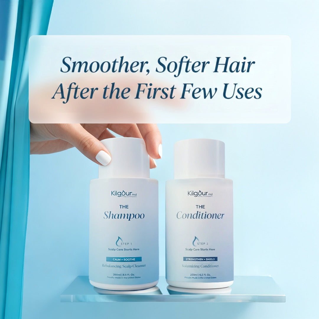 Front view of Shampoo and Conditioner bottles with overlay 'Smoother, Softer Hair After the First Few Uses' on light blue