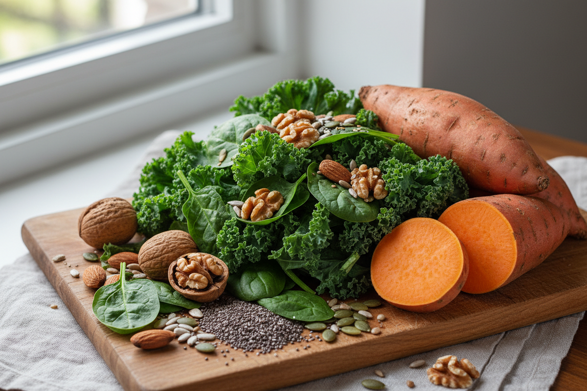 Assortment of kale, spinach, walnuts, almonds, chia and pumpkin seeds, and sliced sweet potato arranged on a wooden cutting board by a window