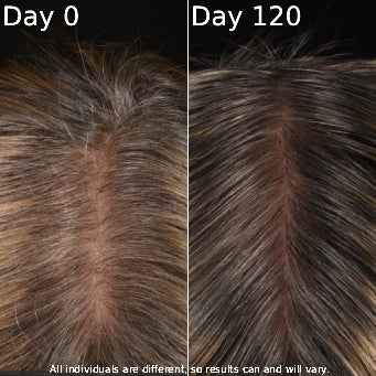 Comparison of hair texture on Day 0 and Day 120, showing a before-and-after effect.