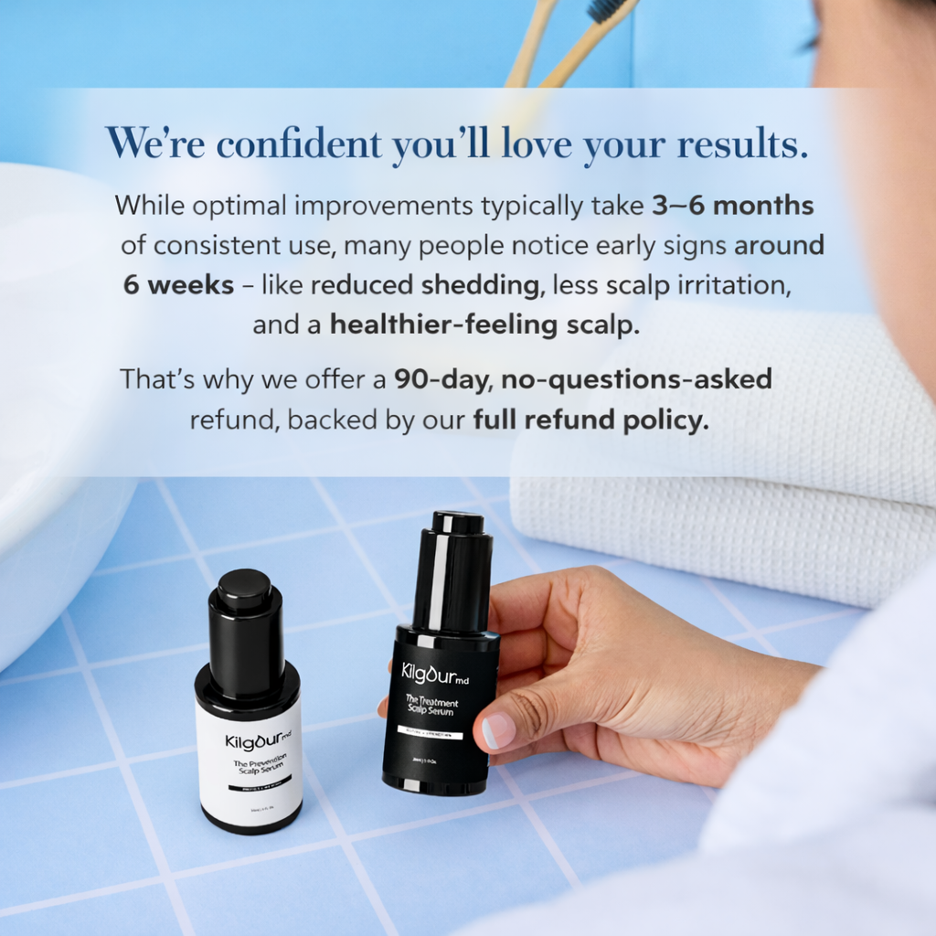 Front view of The Treatment Scalp Serum 2-Pack showing a black bottle held by a hand and a white bottle on a light blue tiled surface, overlay text We're confident you'll love your results