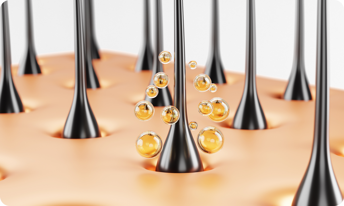 Close-up of hair follicles with golden serum droplets illustrating scalp treatment penetrating follicles