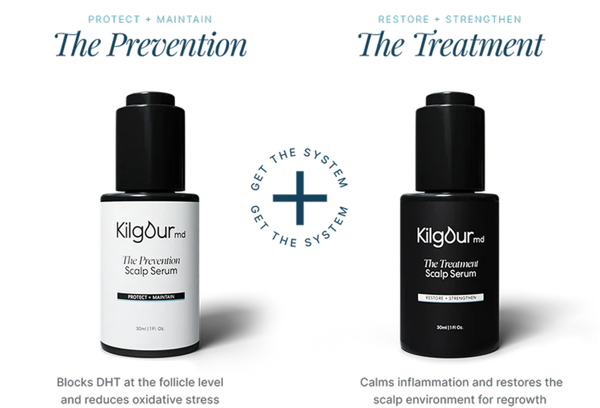 Front view of two KilgourMD scalp serums: The Prevention (white) and The Treatment (black) shown as a 2-step system