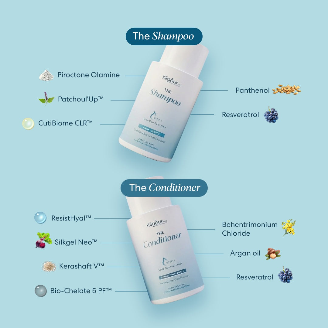 Shampoo and conditioner bottles with ingredient labels on a light blue background