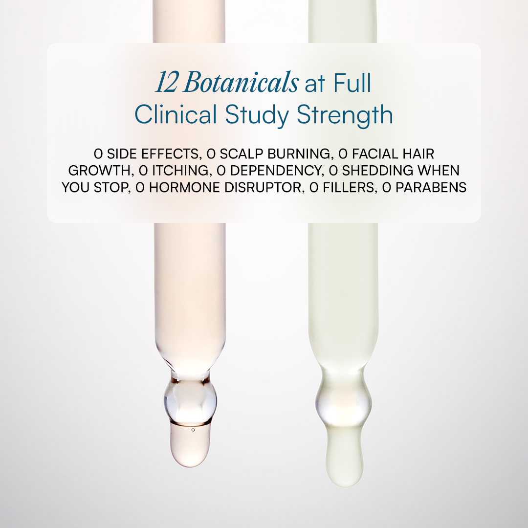 Banner '12 Botanicals at Full Clinical Study Strength' listing 0 side effects, 0 scalp burning, 0 parabens, two serum droppers